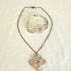 Vintage necklace and bracelet set, silver with pink crystal